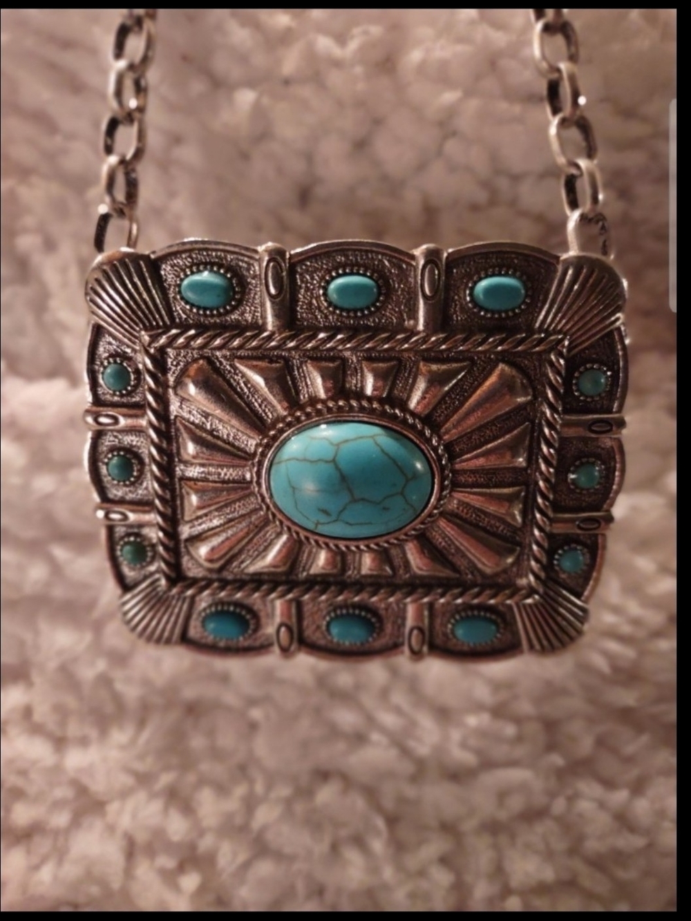 Turquoise Stone Silver-Tone Western Pendant Necklace